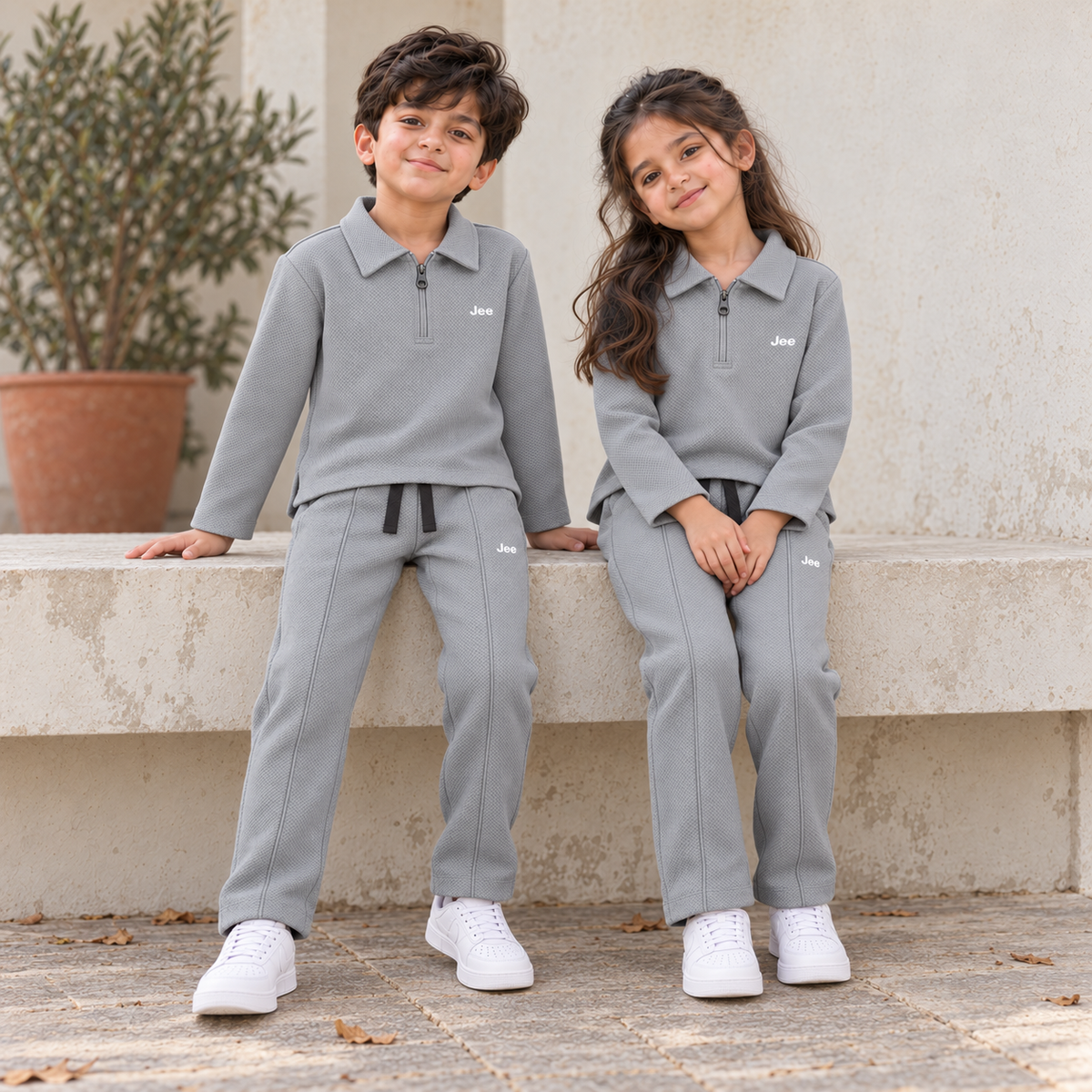 Born78 Fine-Textured Zip-Neck Winter Co-ord Set — Stone Grey — seated