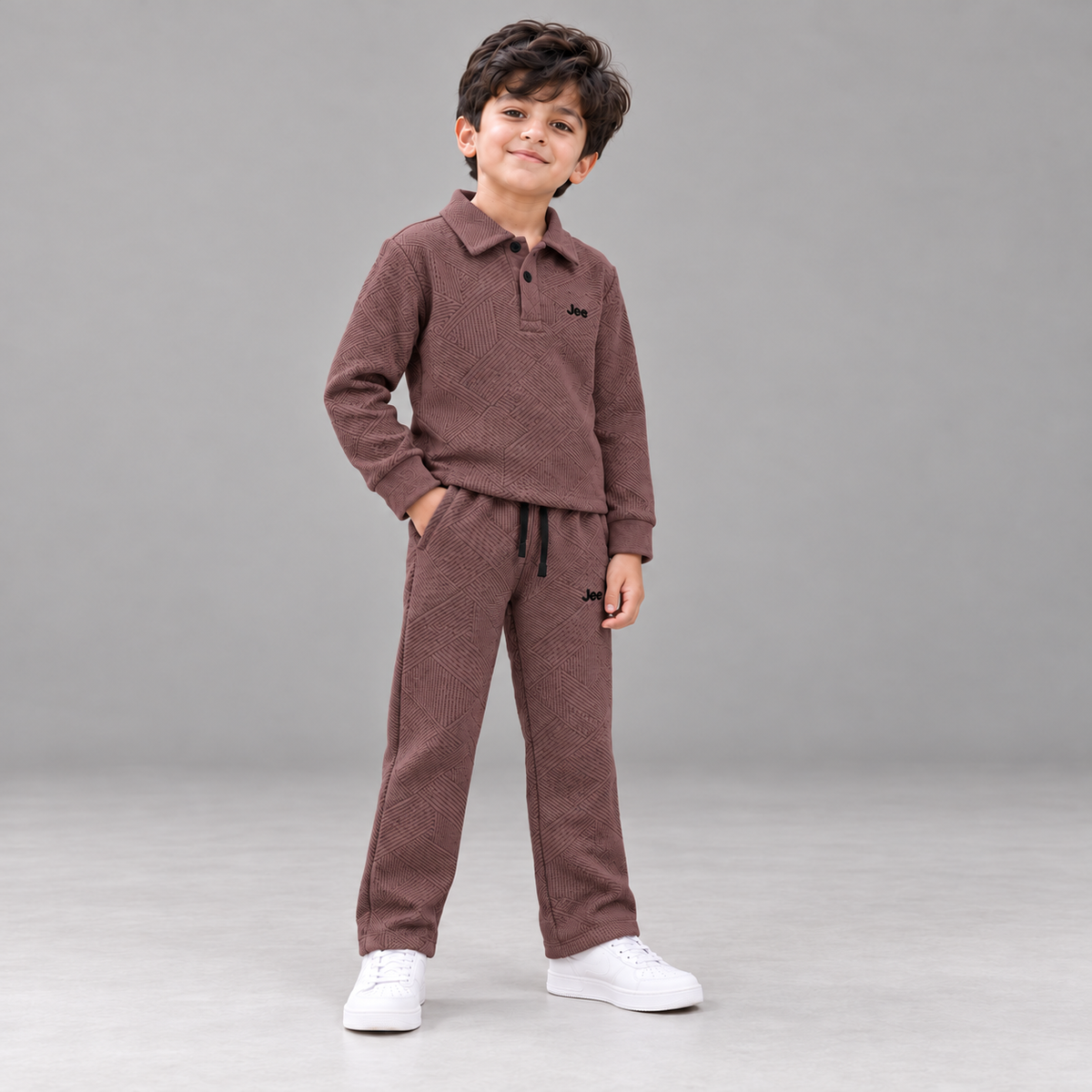 Born78 Geometric Textured Polo Winter Co-ord Set — Dusty Burgundy — boy