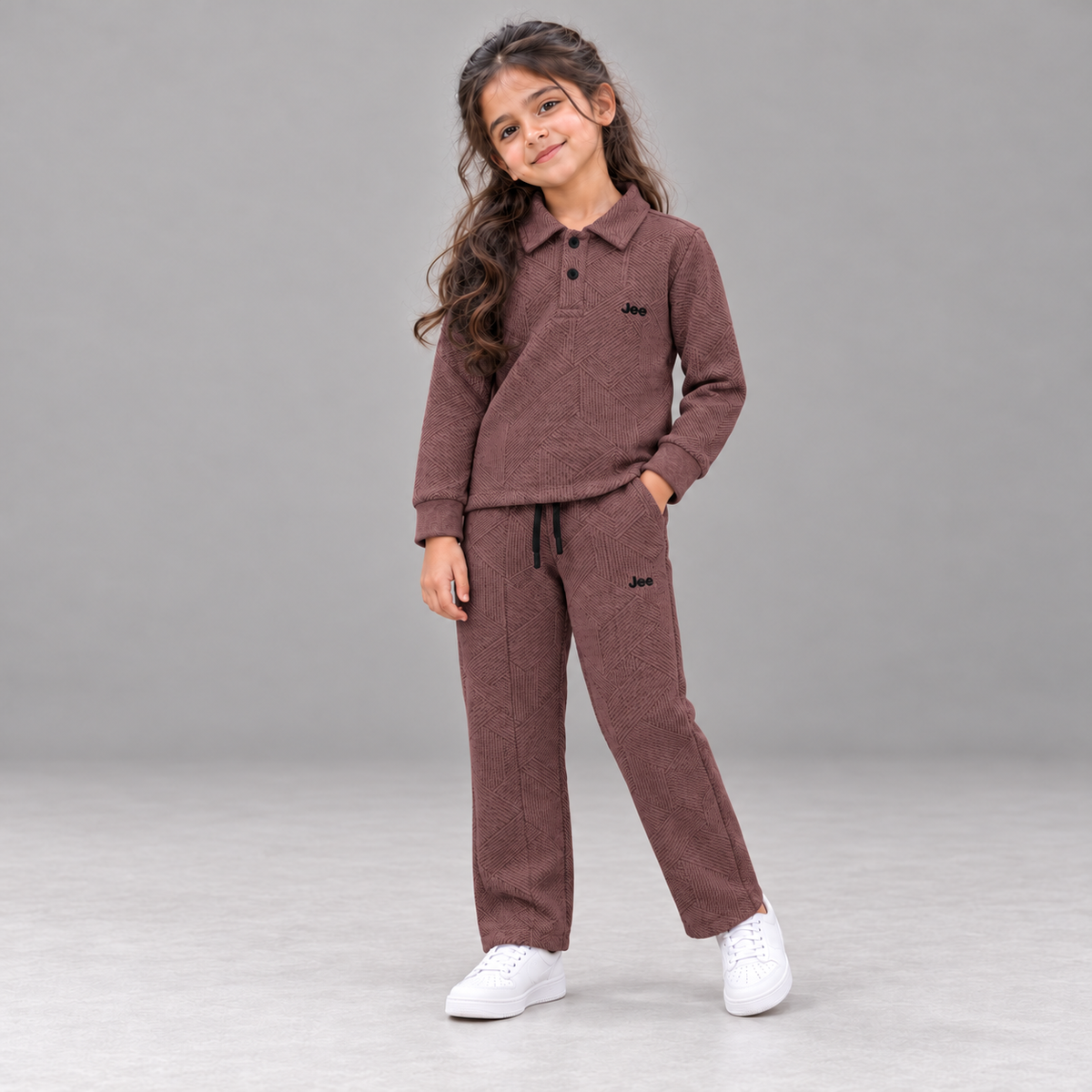 Born78 Geometric Textured Polo Winter Co-ord Set — Dusty Burgundy — girl
