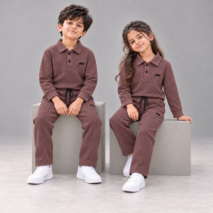 Born78 Geometric Textured Polo Winter Co-ord Set — Dusty Burgundy — seated
