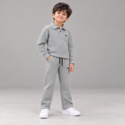 Boy wearing the Stone Grey Geometric Textured Polo Winter Co-ord Set