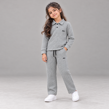 Girl wearing the Stone Grey Geometric Textured Polo Winter Co-ord Set