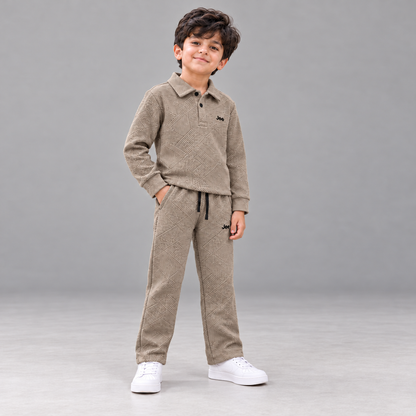 Born78 Geometric Textured Polo Winter Co-ord Set — Warm Taupe — boy