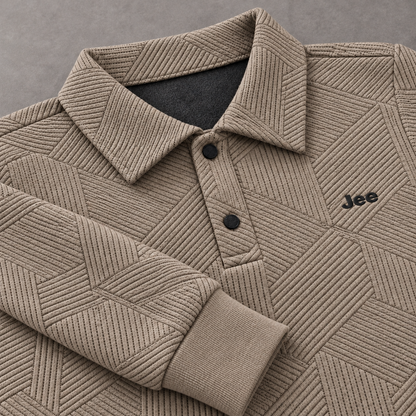Born78 Geometric Textured Polo Winter Co-ord Set — Warm Taupe — details