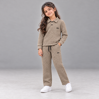 Born78 Geometric Textured Polo Winter Co-ord Set — Warm Taupe — girl