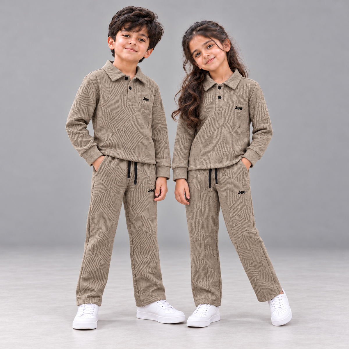 Born78 Geometric Textured Polo Winter Co-ord Set — Warm Taupe — hero