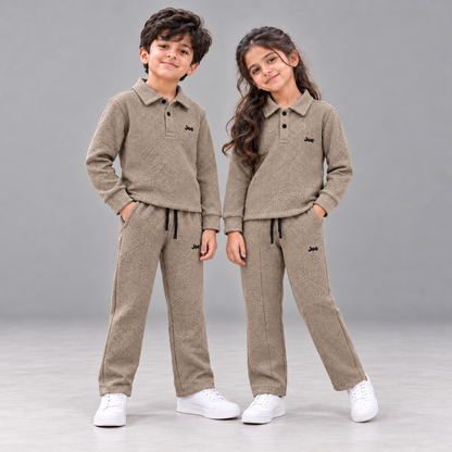 Born78 Geometric Textured Polo Winter Co-ord Set — Warm Taupe — hero