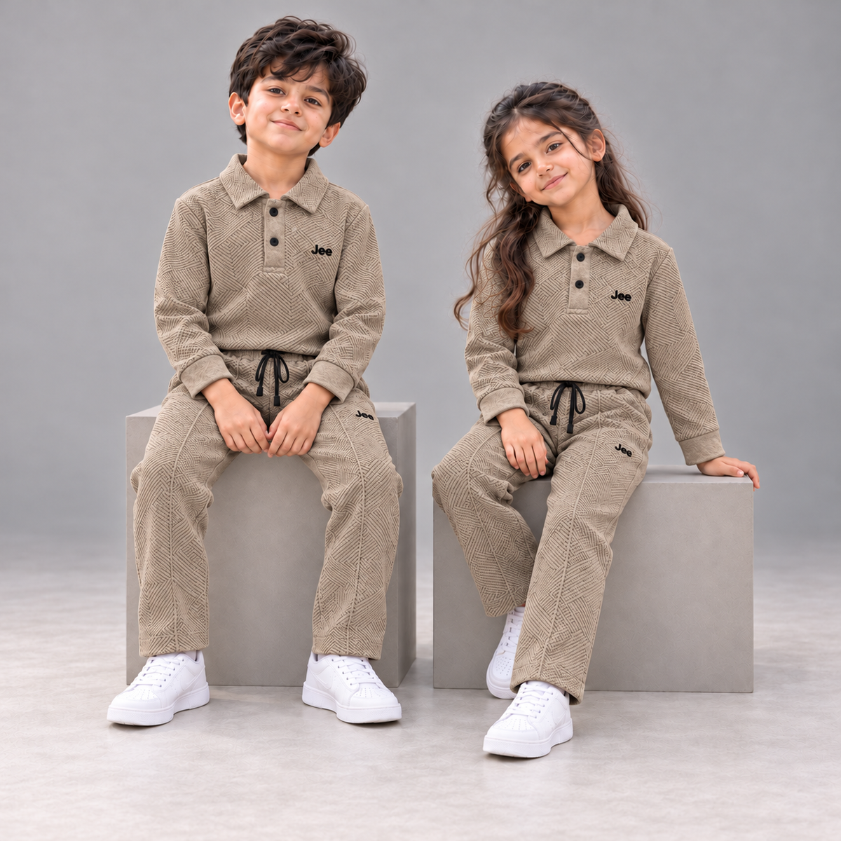 Born78 Geometric Textured Polo Winter Co-ord Set — Warm Taupe — seated