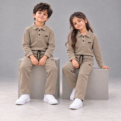 Born78 Geometric Textured Polo Winter Co-ord Set — Warm Taupe — seated