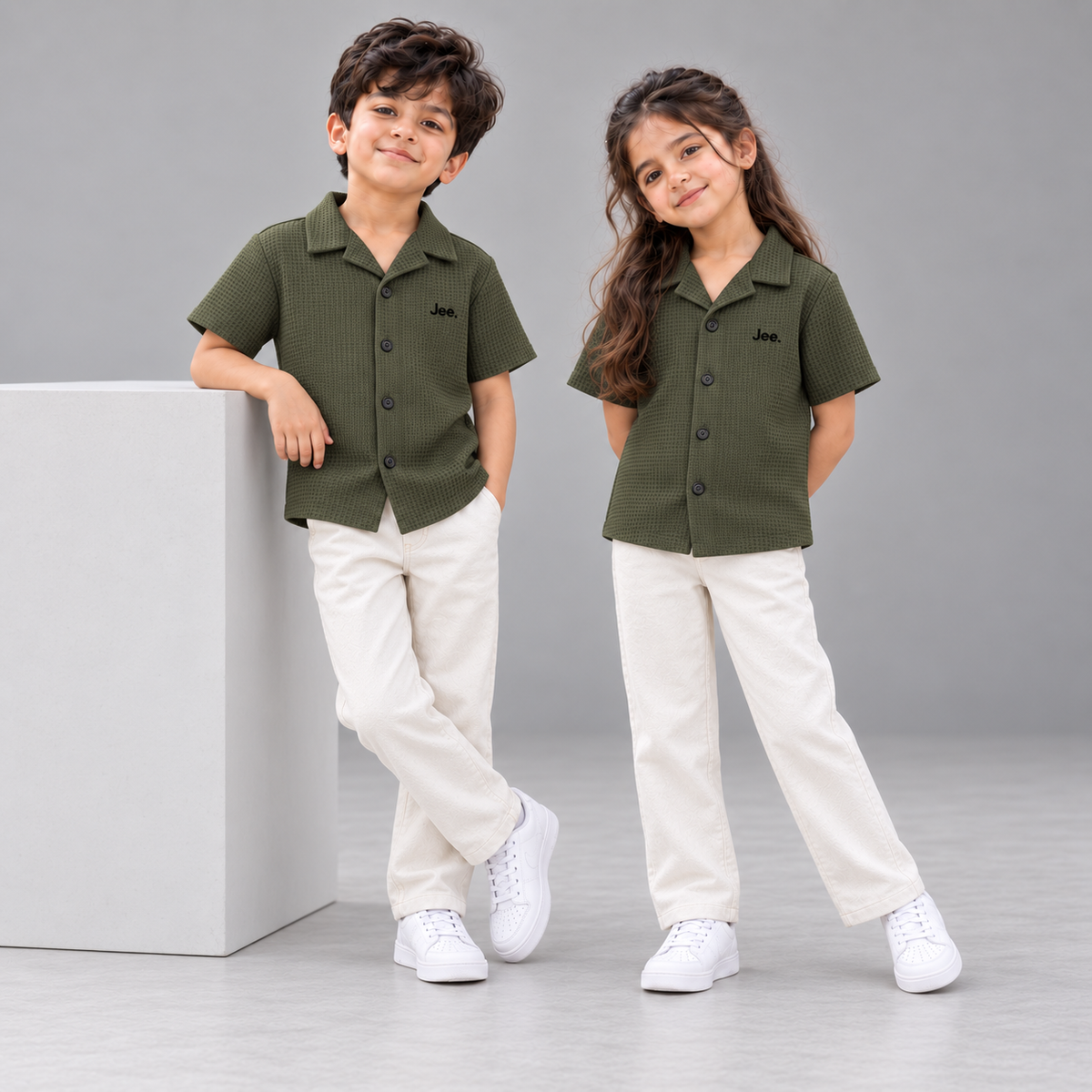 Children wearing the Jee. Waffle Button-Down Shirt in Army Green