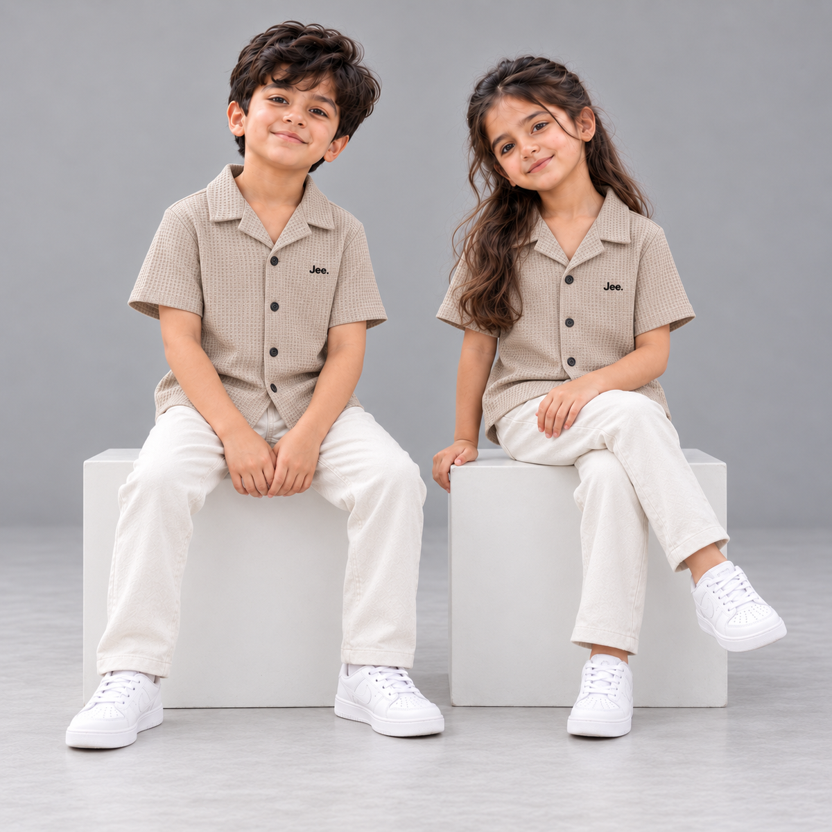 Children wearing the Jee. Waffle Button-Down Shirt in Beige
