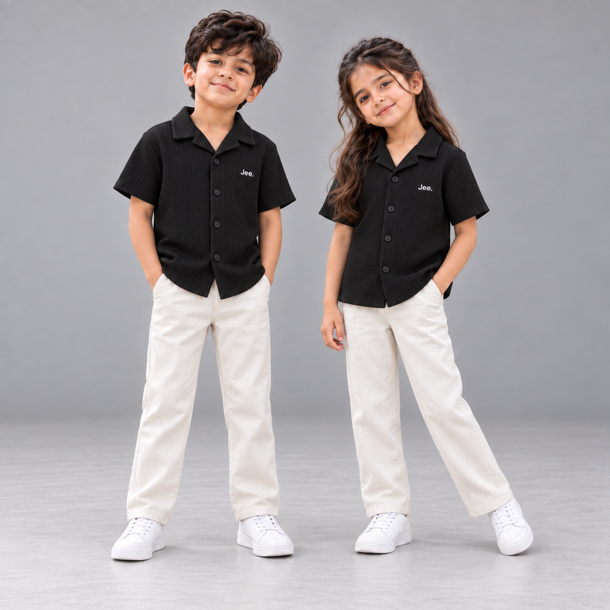 Children wearing the Jee. Waffle Button-Down Shirt in Black