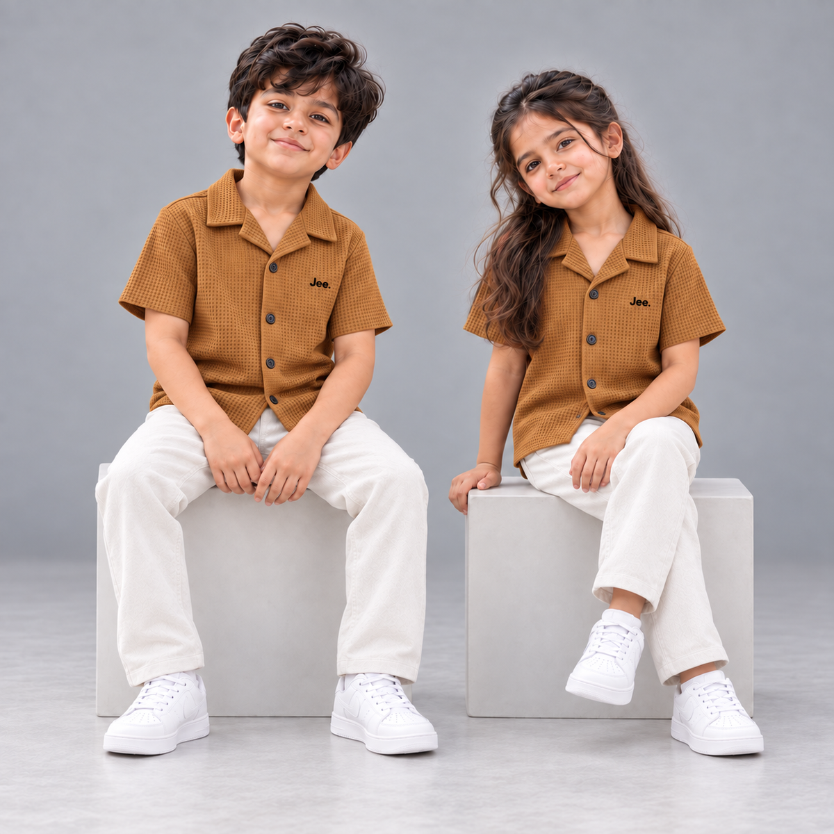 Children wearing the Jee. Waffle Button-Down Shirt in Caramel