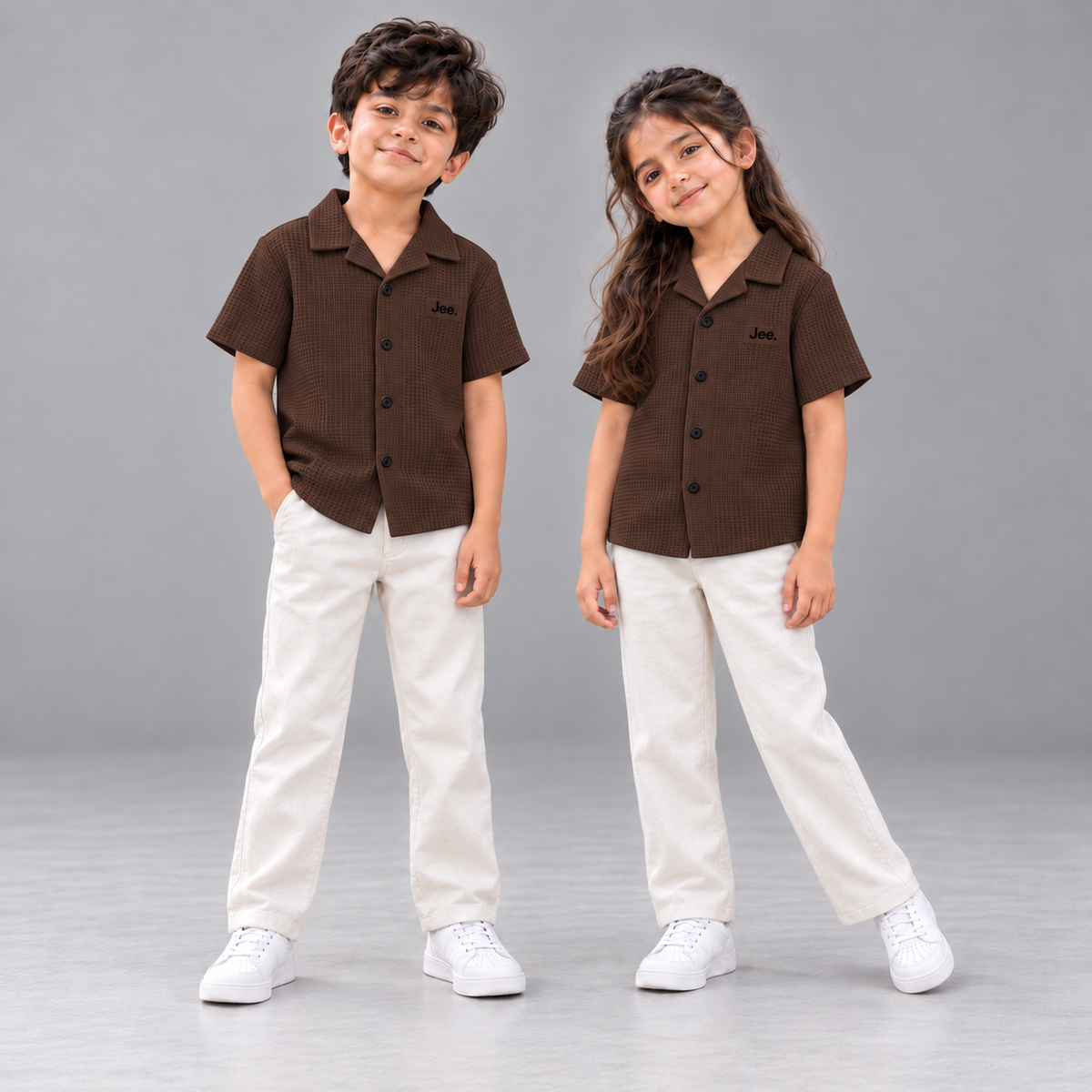 Children wearing the Jee. Waffle Button-Down Shirt in Dark Brown
