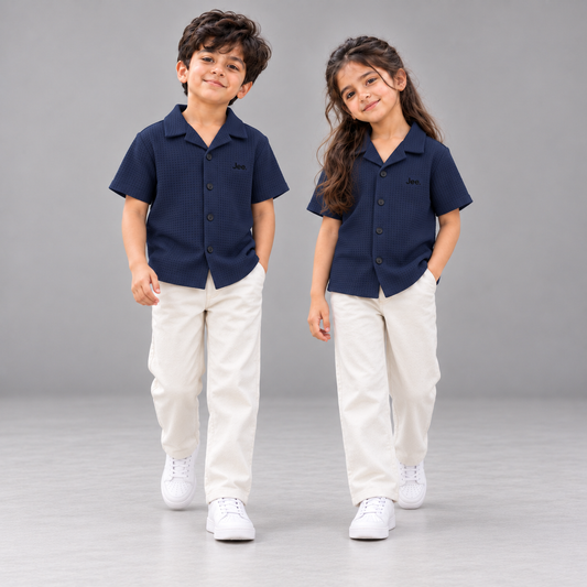Children wearing the Jee. Waffle Button-Down Shirt in Navy Blue
