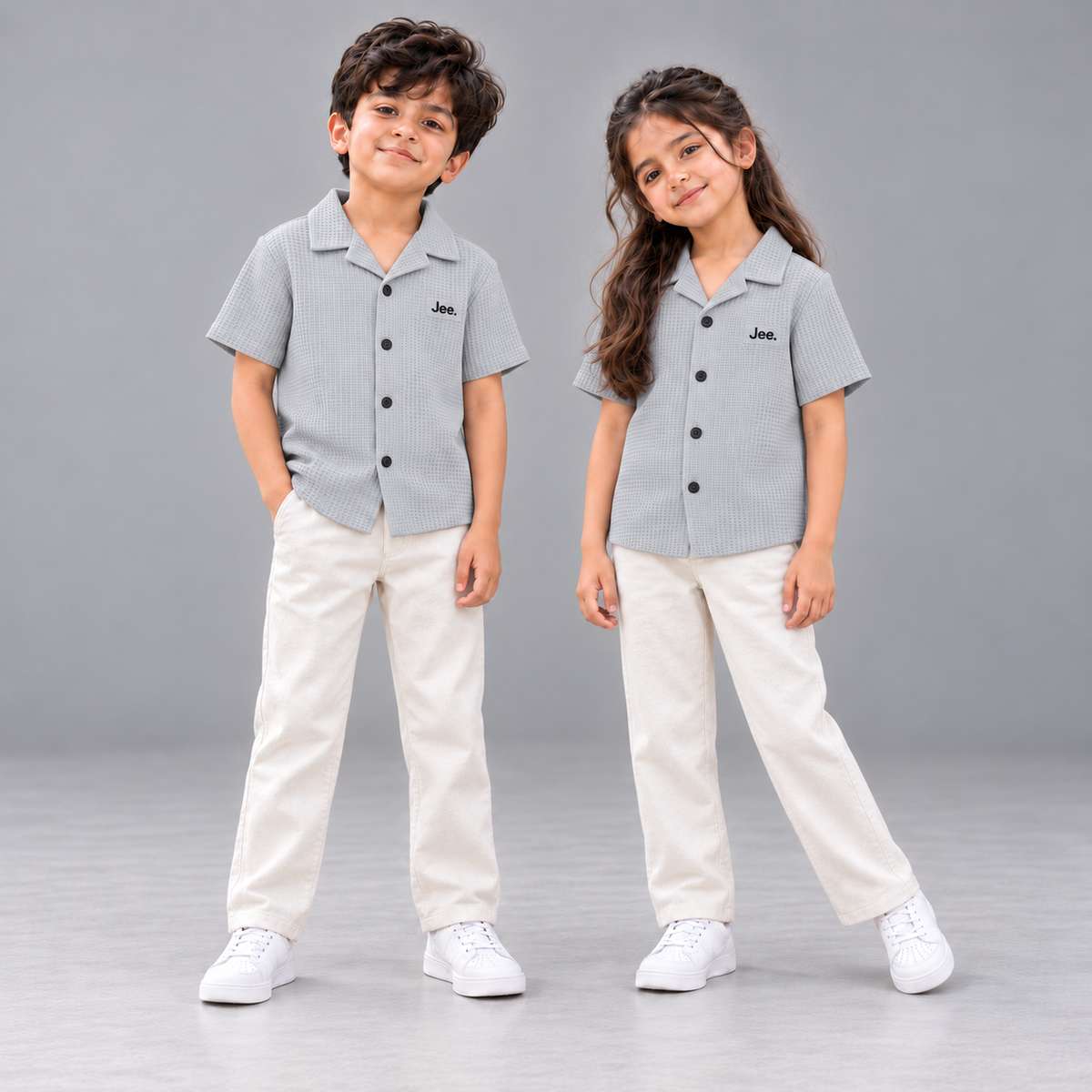 Children wearing the Jee. Waffle Button-Down Shirt in Stone Grey
