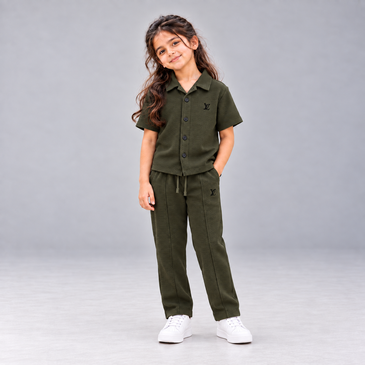 Born 78 LV Army Green button-down co-ord set in corrected dark olive shade, girl full-length view