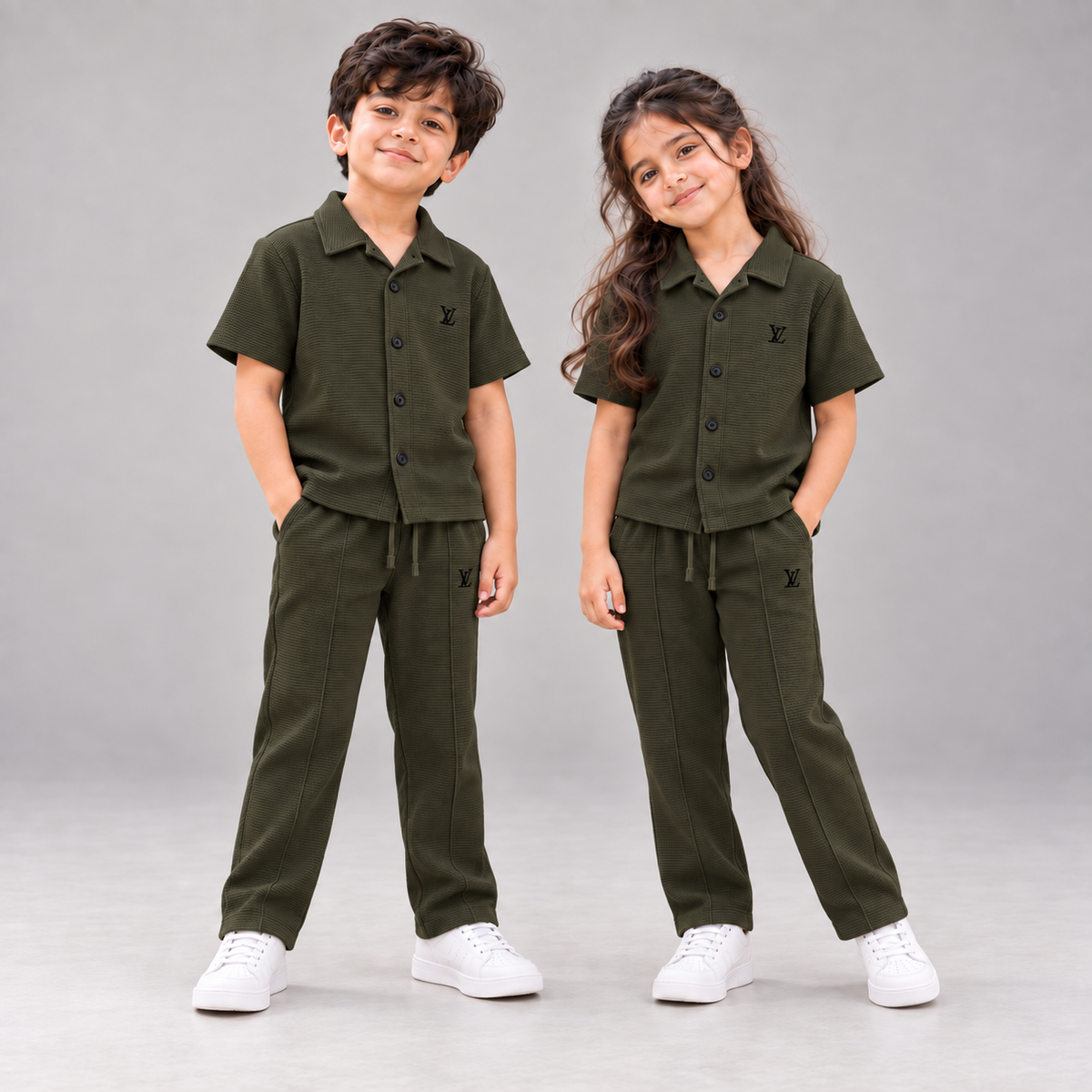 Born 78 LV Army Green button-down co-ord set in corrected dark olive shade, boy and girl