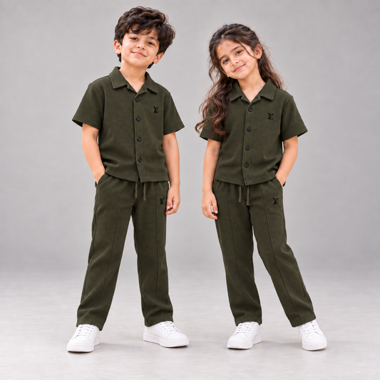 Born 78 LV Army Green button-down co-ord set in corrected dark olive shade, boy and girl