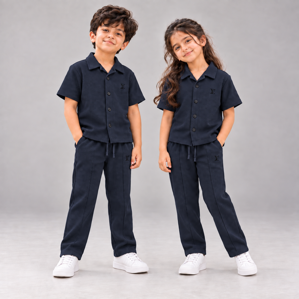 Born 78 LV Navy button-down co-ord set in corrected dark ink navy shade, boy and girl