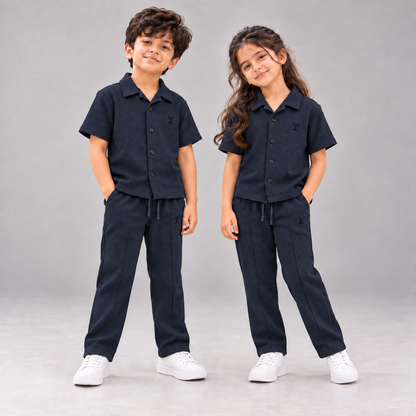 Born 78 LV Navy button-down co-ord set in corrected dark ink navy shade, boy and girl
