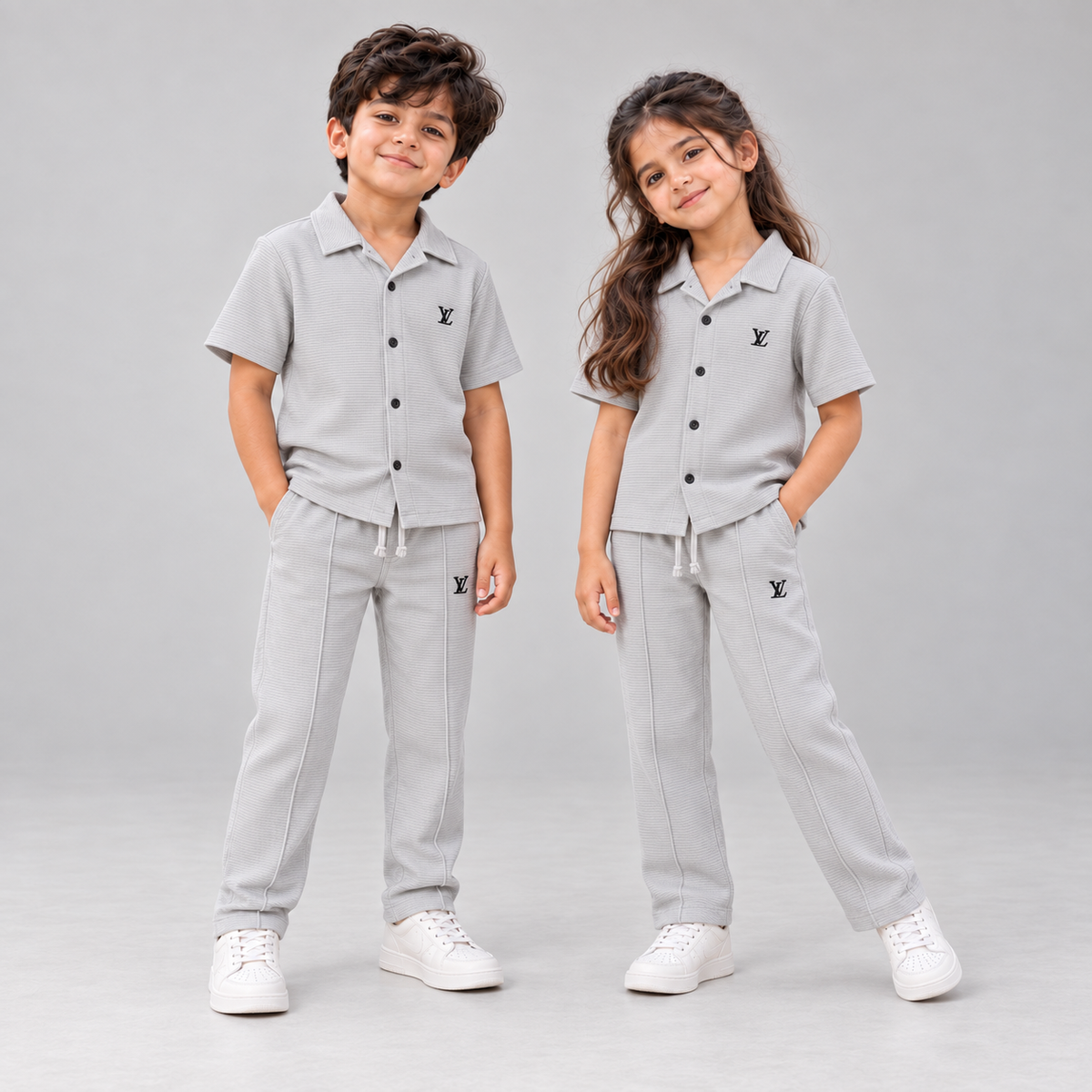 Born 78 LV button-down co-ord set in Stone Grey, boy and girl in neutral studio