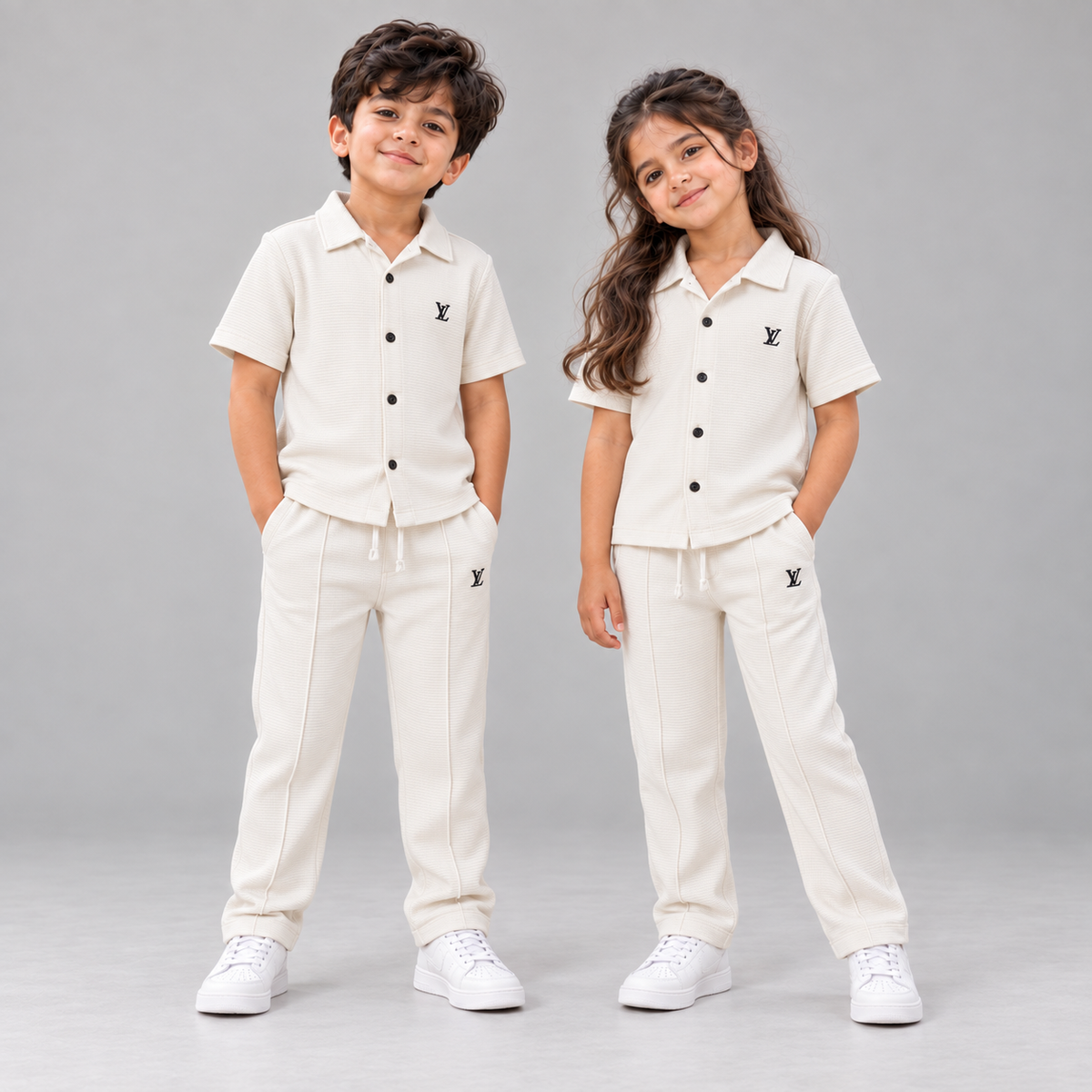 Born 78 LV button-down co-ord set in White, boy and girl in neutral studio
