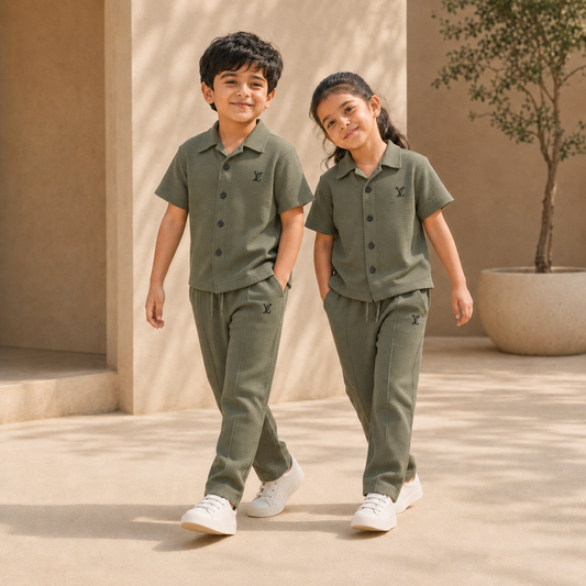 BORN 78 LV Button Down Cord Set lifestyle — army-green age5 pair