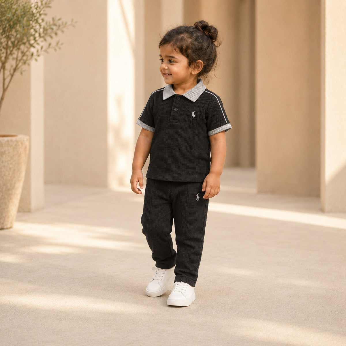 BORN 78 Waffle Mesh Polo lifestyle — black-grey age2 girl