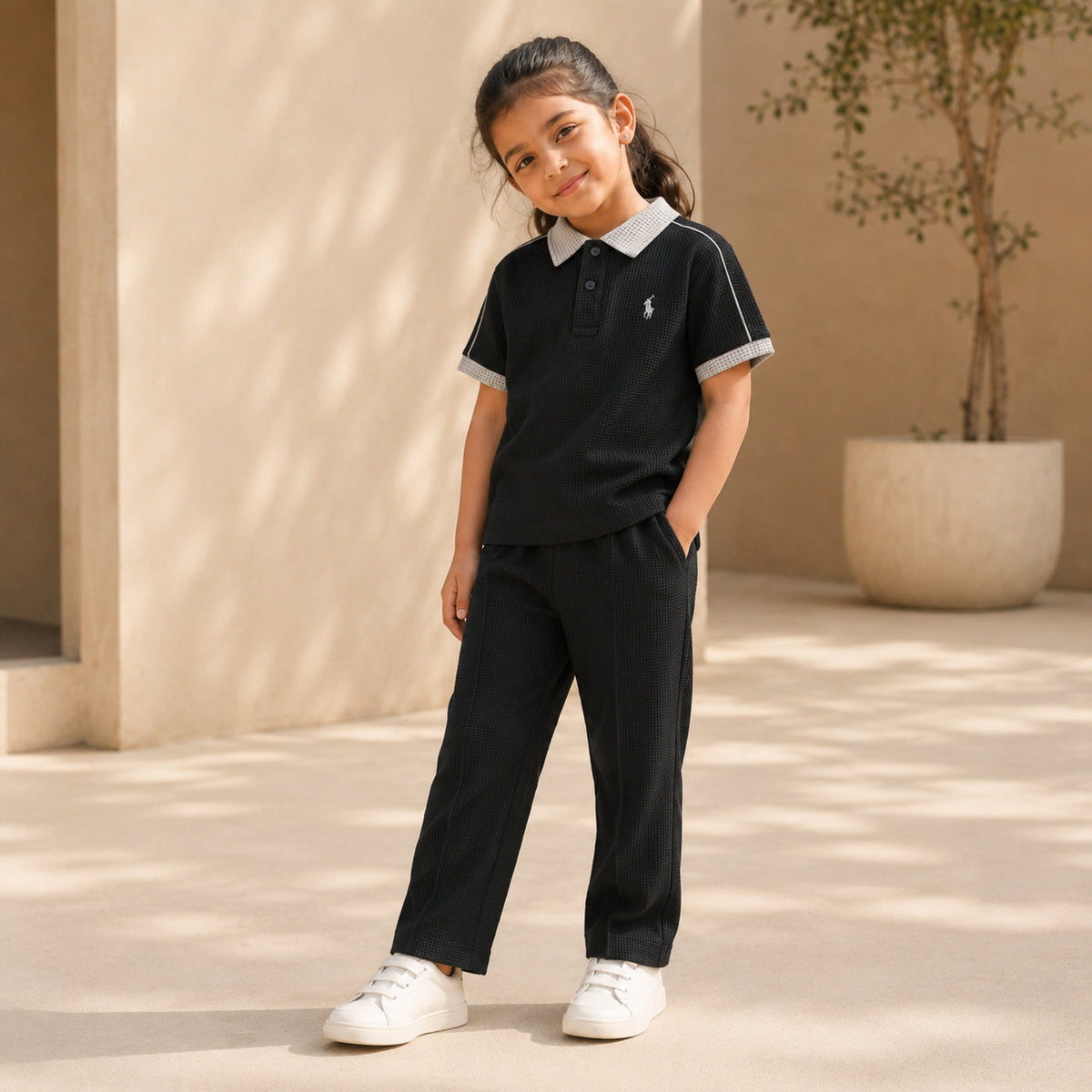 BORN 78 Waffle Mesh Polo lifestyle — black-grey age5 girl