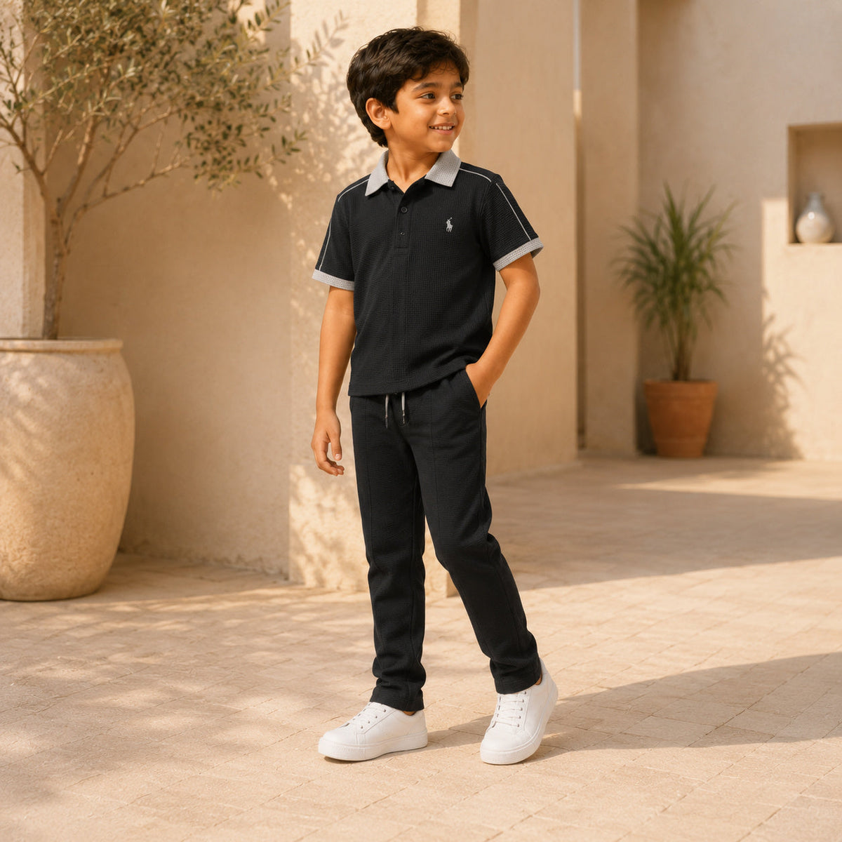 BORN 78 Waffle Mesh Polo lifestyle — black-grey age9 boy