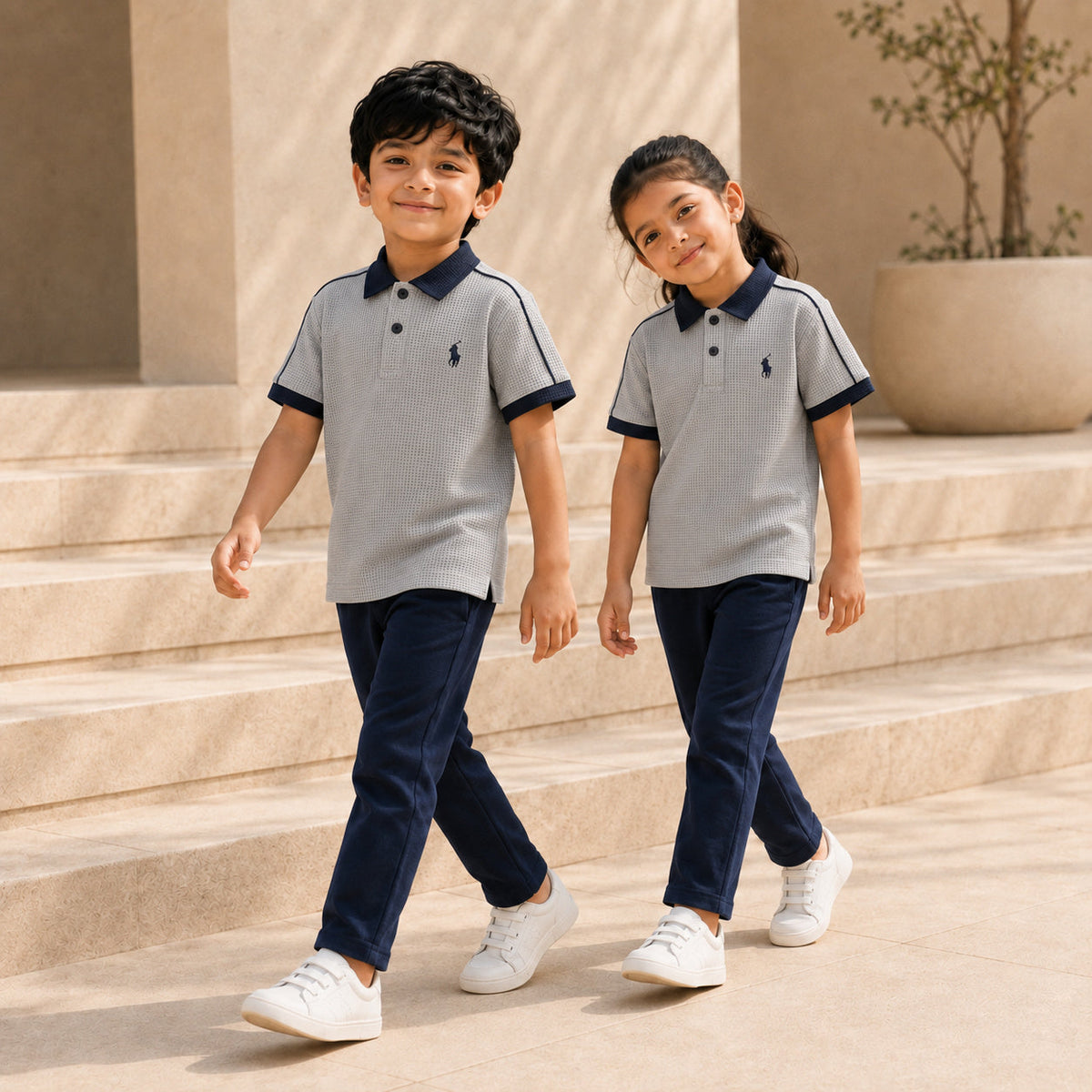 BORN 78 Waffle Mesh Polo lifestyle — grey-navy age5 pair