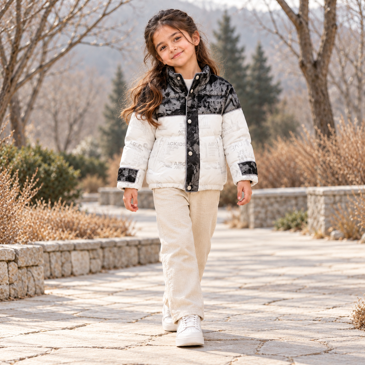 Girl wearing the Monochrome Puffer Jacket on a stone path with bare winter trees and evergreens