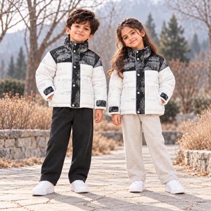 Boy and girl wearing the Monochrome Puffer Jacket in a natural winter garden