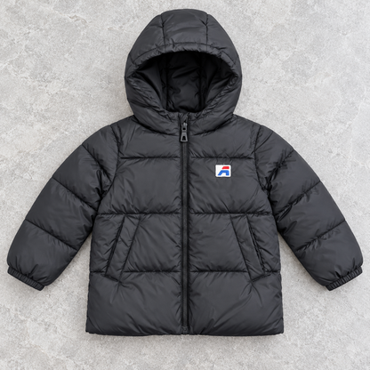 Black Northwood puffer jacket front view showing its exposed zip, chest badge, padded hood and angled pockets