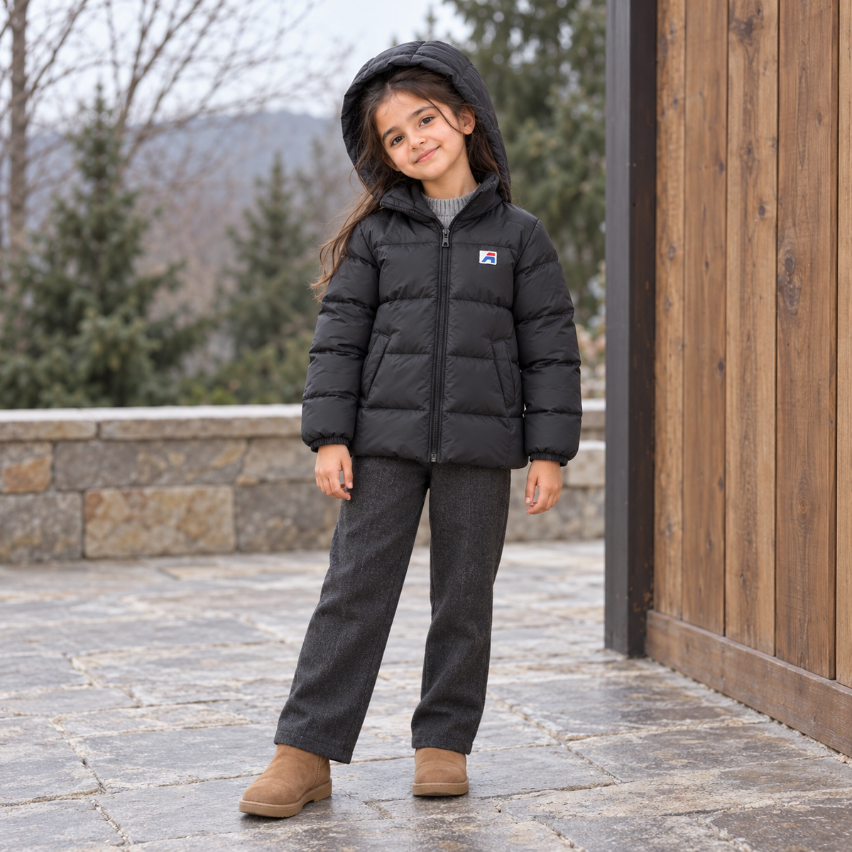 Girl wearing the black Northwood zip-up puffer jacket with the hood up and chest badge visible