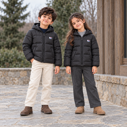Boy and girl wearing black Northwood zip-up puffer jackets with red-and-blue chest badges in a winter terrace setting
