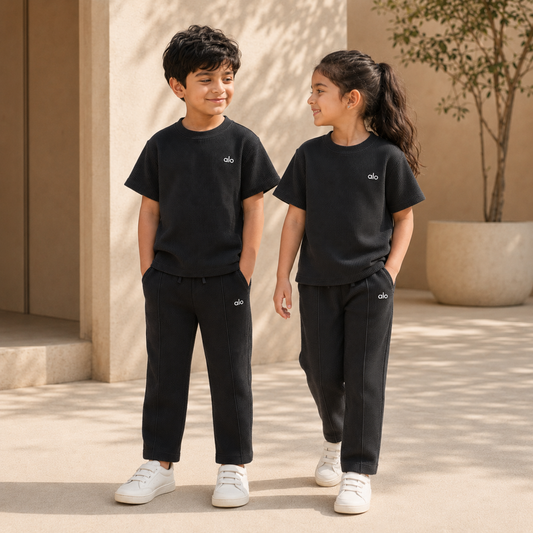 BORN 78 Round Neck Cord Set lifestyle — black age5 pair