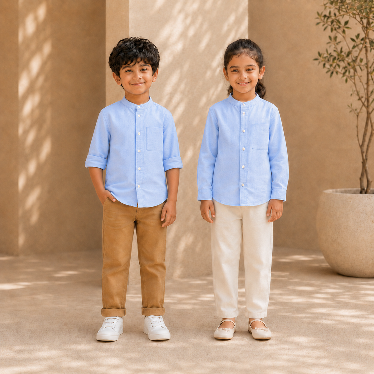 Boy and girl wearing light blue cotton band-collar shirts