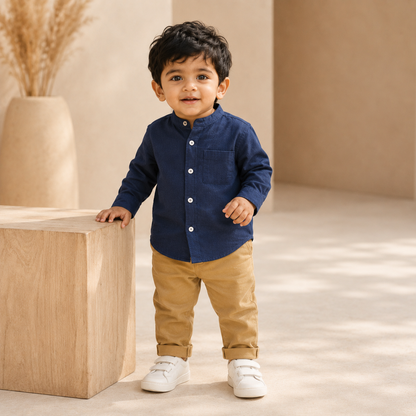 Toddler boy wearing navy cotton band-collar shirt