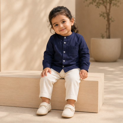 Toddler girl wearing navy cotton band-collar shirt