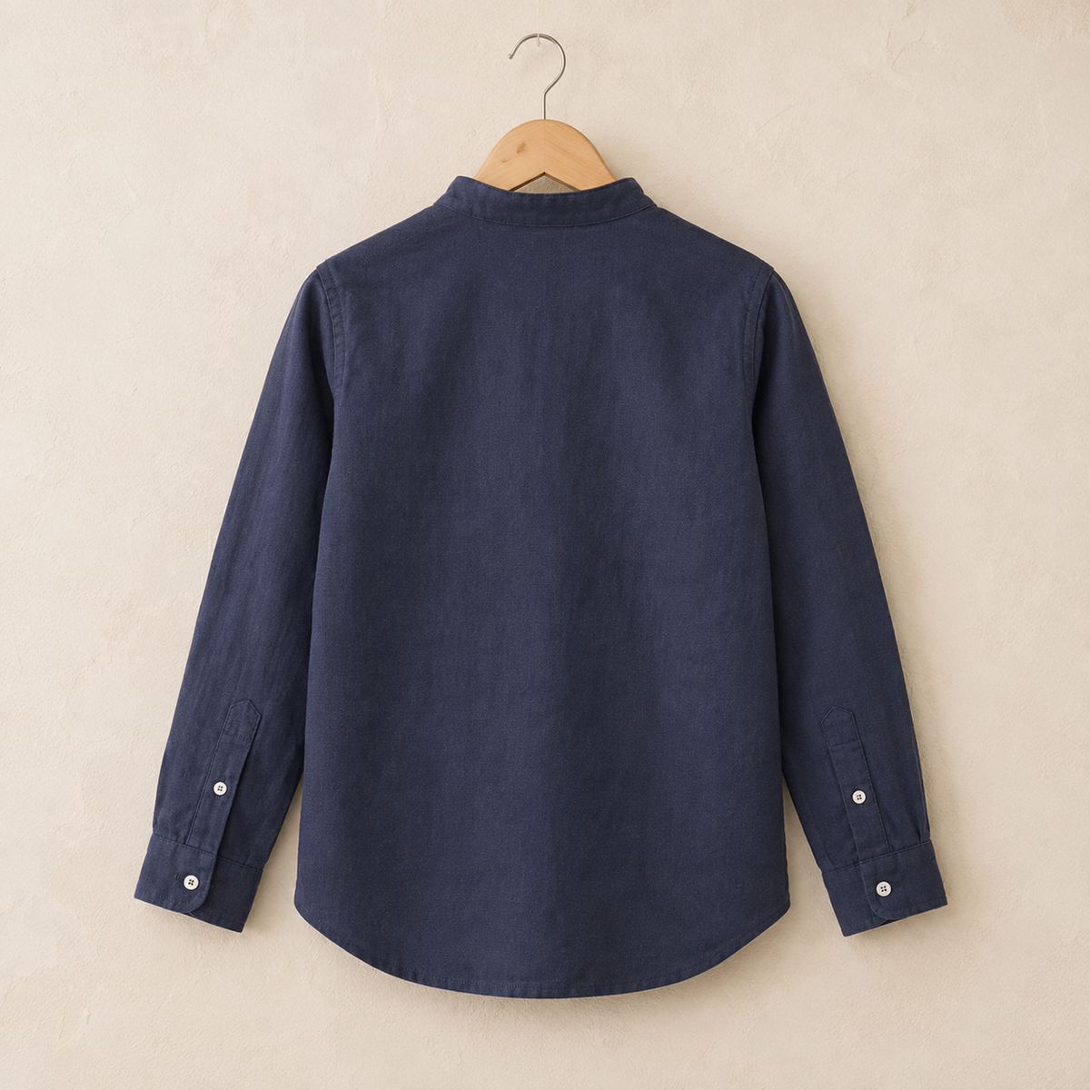 Navy cotton band-collar shirt back view
