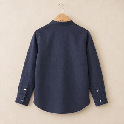 Navy cotton band-collar shirt back view