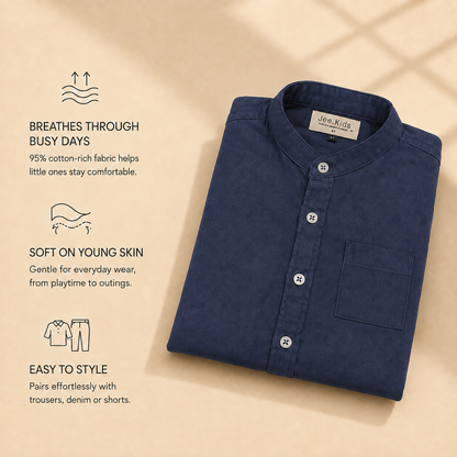 Navy cotton band-collar shirt comfort benefits