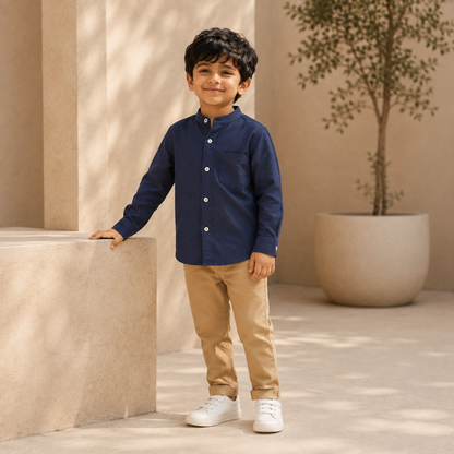 Boy wearing navy cotton band-collar shirt