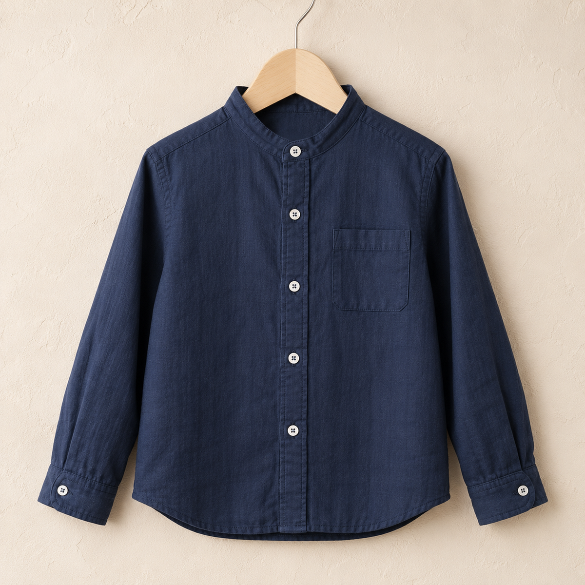 Navy cotton band-collar shirt front view