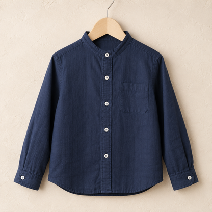 Navy cotton band-collar shirt front view