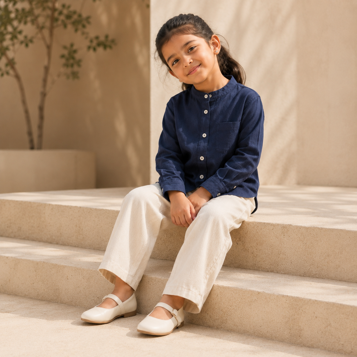Girl wearing navy cotton band-collar shirt