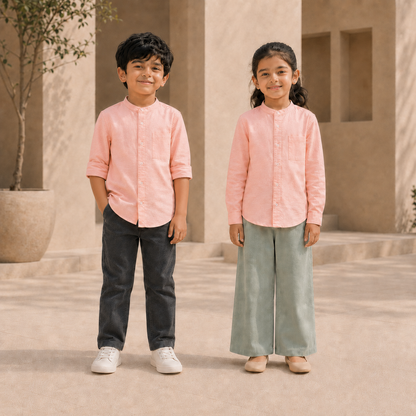 Boy and girl wearing peach pink cotton band-collar shirts