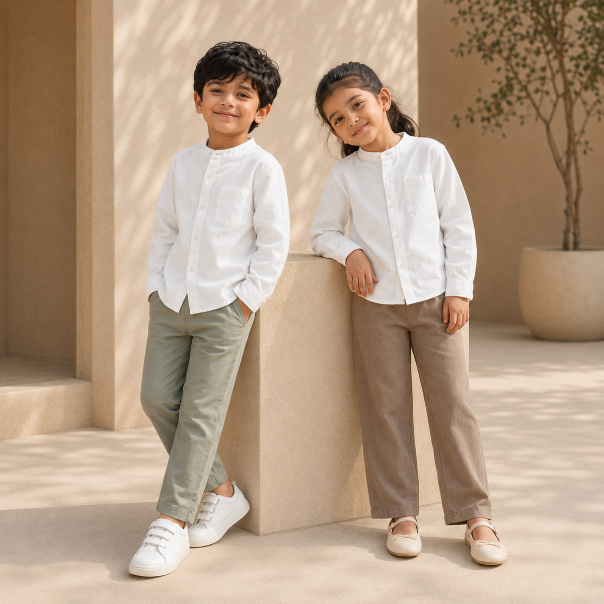 Boy and girl wearing white cotton band-collar shirts